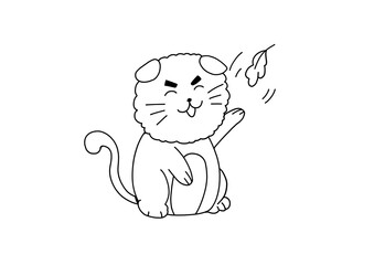 Playful fluffy cat with a cheerful expression swatting at a falling leaf. Cute and fun black and white line drawing illustration.