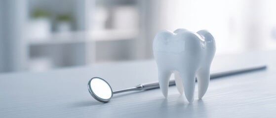 The dental model and mirror on a bright, clean clinic table