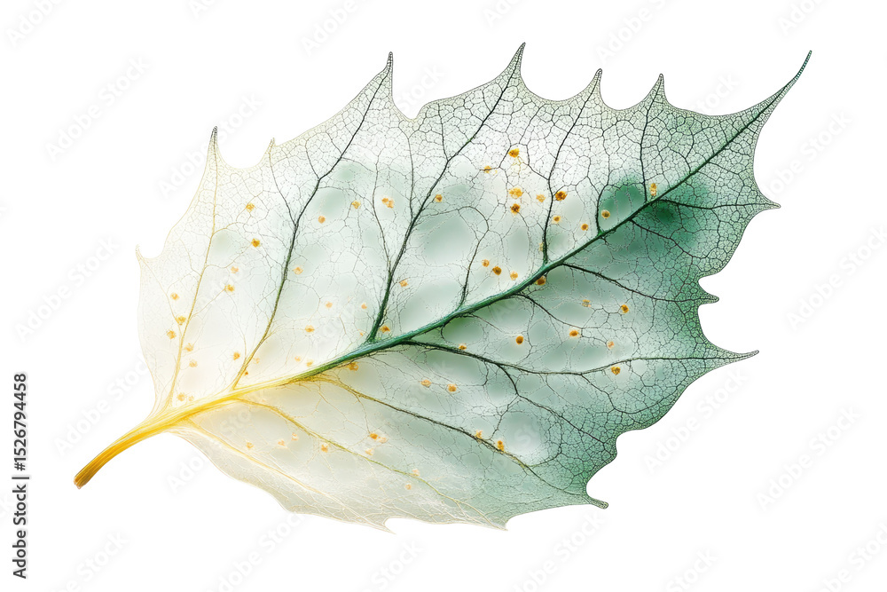 Poster translucent leaf skeleton with intricate veins and golden spots, isolated on a transparent backgroun