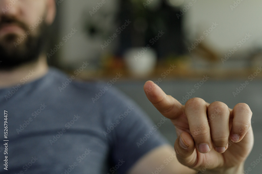 Poster Close-up of a man's hand pointing at a screen.  Perfect for technology, interaction, and digital concepts.