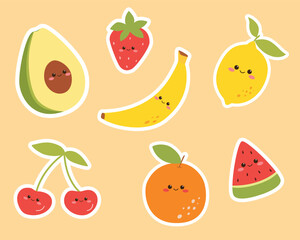 Set of Cute Kawaii Stickers. Smiling Fruits like cherry,banana,orange,lemon,strawberry,watermelon set. Vector illustration cartoon flat style