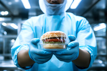 Chef in protective gear presents a wrapped burger in a food processing facility during meal preparation