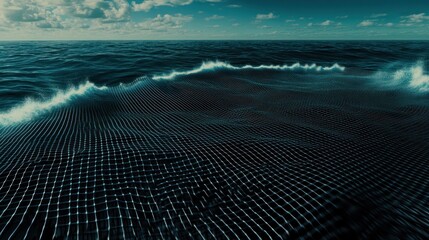 Abstract digital grid network over a dark ocean.