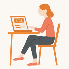 Flat Illustration Woman Working On Laptop Advertising Sale on Desk