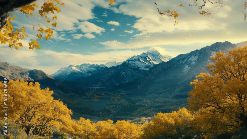 Poster a scenic view of a mountain range with trees in the foreground, great for outdoor and nature-themed 