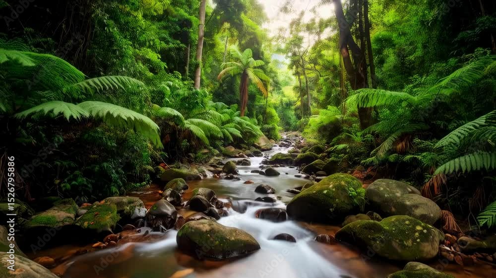 Poster lush green rainforest with flowing stream over mossy rocks under a canopy of trees and a palm tree i