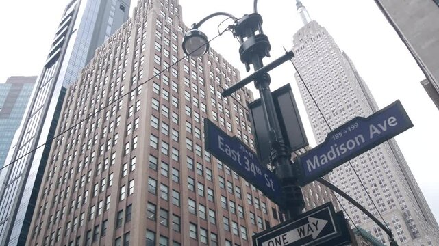 New York City crossroad, street intersection road sign on post. Empire State building, Midtown district, Madison avenue, 34, NYC, United States. Highrise skyscraper architecture, corner text roadsign.