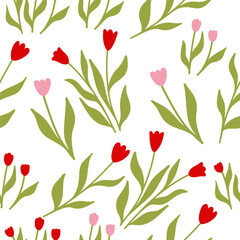 Obraz premium Hand drawn flat vector seamless pattern featuring simple abstract pink and red flowers with green leaves on a clean white background. Playful and modern floral design.