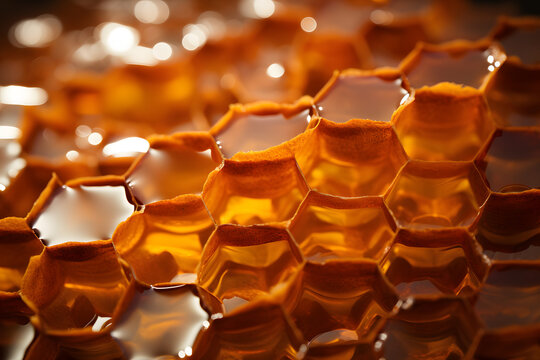 Close-up view of honeycomb showcasing intricate hexagonal patterns and golden hues in natural light