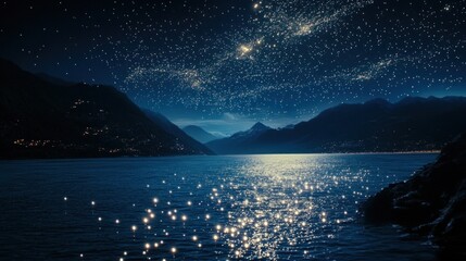 Starry night over a shimmering lake and mountains.