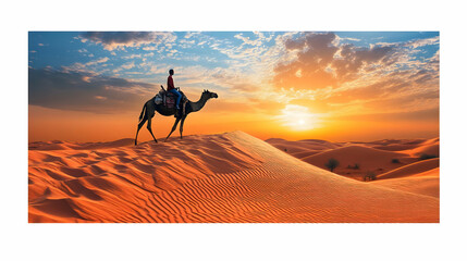 Person Riding a Camel Across Red Sand Dunes at Sunset