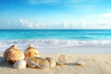 A photograph of the beach with scattered seashells, captured in a close-up shot.