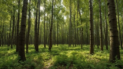 Obraz premium Through dedicated reforestation endeavors, once desolate wasteland underwent a magnificent metamorphosis, blossoming into a flourishing green forest teeming with youthful saplings and resurgence of di