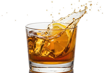Whiskey with ice and lemon splash in a rocks glass, isolated on transparent background
