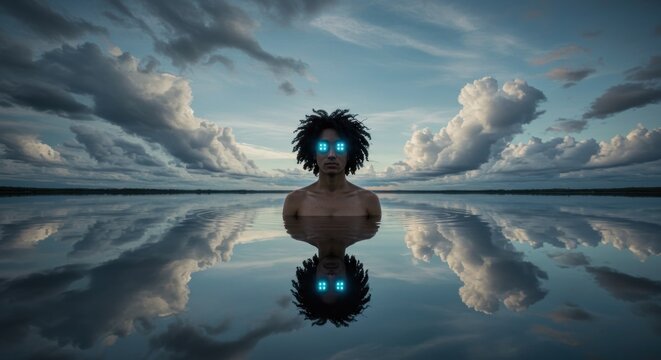 Surreal person reflection in calm water