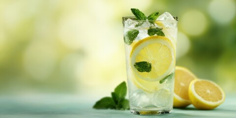 The refreshing glass of lemonade with mint and lemon slices.