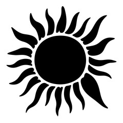 A stylized black sun illustration with decorative rays.