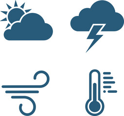 Windy weather and heat icons. Air gusts, wind flow, red thermometer heatwave, and cloudy sky temperature graphics  