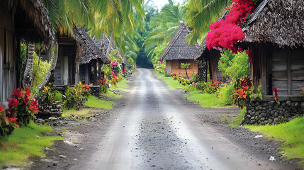 Picturesque Tropical Village Path with Thatched Roof Houses