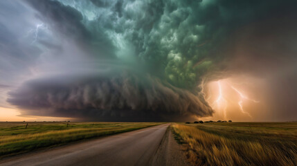 A massive supercell thunderstorm dominates the rural landscape, with ominous dark clouds and a dramatic display of lightning strikes across the sky.