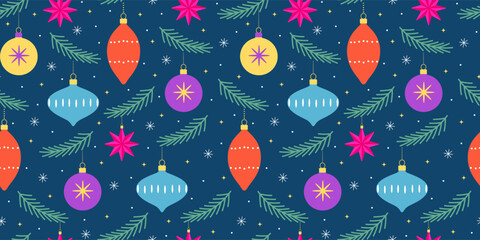 Christmas seamless pattern of vintage tree decorations. Design for wrapping paper, packaging, fabric.