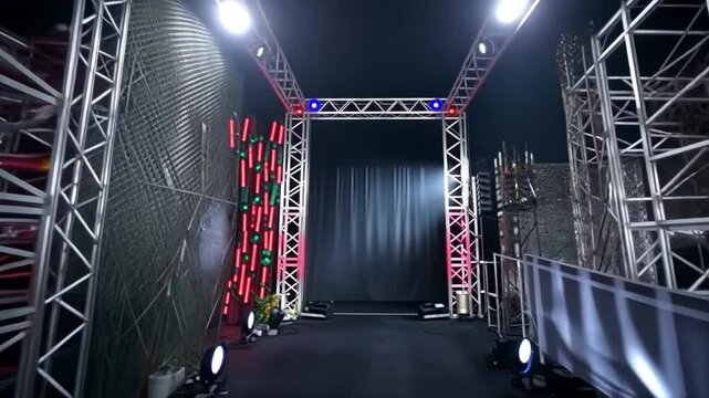 Futuristic Stage Design:  A modern and sleek stage setup with metallic structures, vibrant lighting, and a dramatic backdrop.