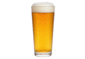 A full pint of cold, frothy beer in a condensationcovered glass, isolated on transparent background