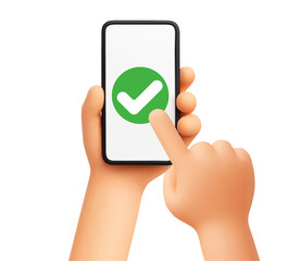 Hands holding smartphone with green check mark. 3D hand tapping green check mark on phone screen. Approval, confirmation and success. UI, onboarding and mobile verification 3D rendered vector concept