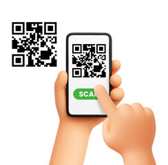 Smartphone scanning QR code. 3D cartoon hand scans QR code on cell phone screen with finger tap, verification or access. Payment, ticketing and apps, digital ID. 3D soft render vector concept