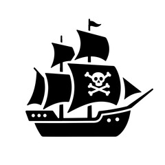 A black illustration of a pirate ship with a skull and crossbones on its sail.