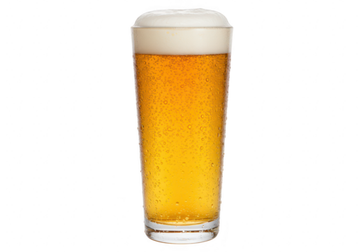 A full pint of cold, frothy beer in a condensationcovered glass, isolated on transparent background