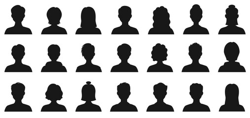 Head silhouette avatars. Black anonymous female and male silhouette avatar, man and woman portraits, user profiles. Default user icons for apps, contacts, profile placeholders. Isolated vector icons