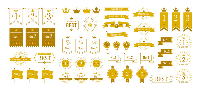 Number one award. Ranking award badge icons with golden crowns, ribbons, medals, numbers 1 to 3. Elegant reward graphics for winners. Game UI, contest and ranking symbols. isolated vector set