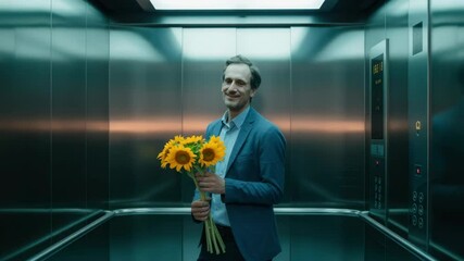 Man holding sunflower bouquet in an elevator - Powered by Adobe