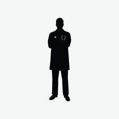 Flat black silhouette of male doctor in formal attire with stethoscope and crossed arms on white background – ideal for healthcare, medical, and hospital designs.