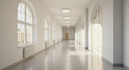Modern hallway with large windows and polished floor in daylight  