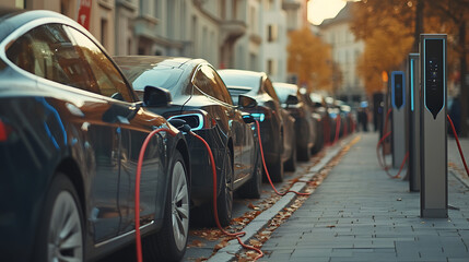 Obraz premium Electric vehicles charging on a city street, showcasing sustainable transportation, future technology, and urban environmental solutions