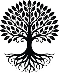 A majestic black and white tree of life with intricate roots and leaves