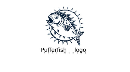 Fototapeta premium Bold cartoon pufferfish logo vector with cute marine details for eco-friendly seafood packaging, ocean-themed branding visuals, aquarium products, and tropical fish illustrations.