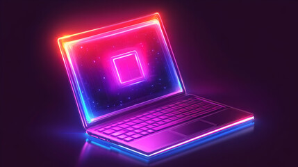 Pink And Blue Neon Glowing Laptop With Pixelated Screen