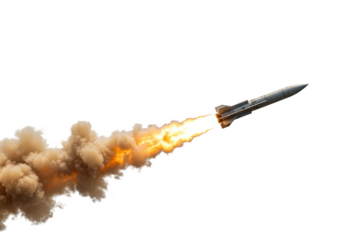 Missile launching with fiery exhaust and smoke isolated on transparent background