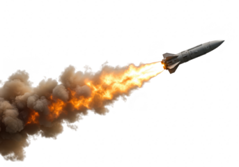 Missile launch with fiery exhaust trail, isolated on transparent background