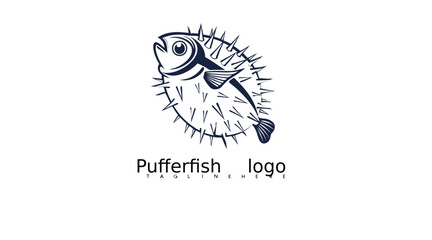 Fototapeta premium Hand-sketched pufferfish logo vector in playful marine style for ocean conservation branding, seafood packaging visuals, aquarium identity kits, and fun tropical underwater illustrations.