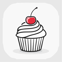 Simple Line Drawing of a Cupcake with Cherry Topping