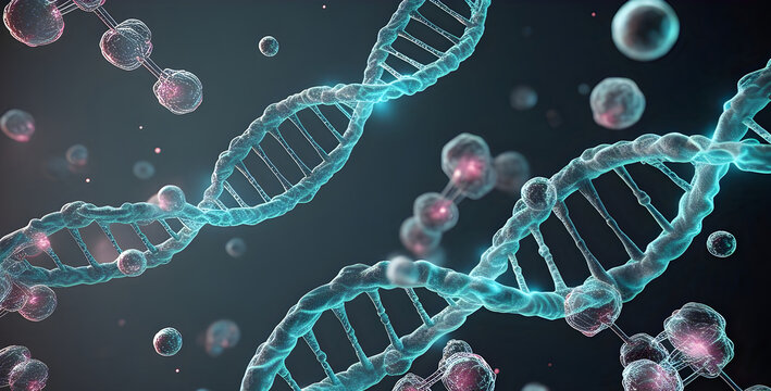 Abstract science background with floating DNA strands, molecular structures, and microscopic cells 