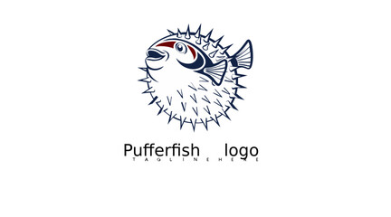 Obraz premium Pufferfish vector illustration logo with unique spiky outline and modern character design. Great for aquatic labels, kids’ education visuals, and eco-friendly seafood branding packs.