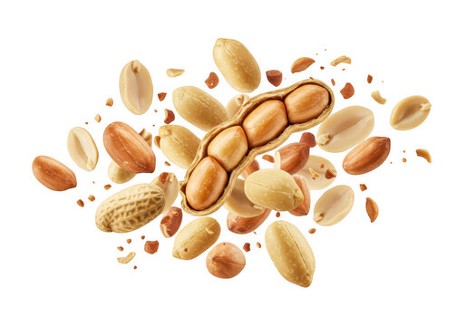 Closeup of peanuts in shells, isolated on transparent background the peanuts are scattered and floating against a white backdrop
