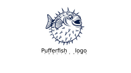 Obraz premium Playful pufferfish logo vector design with cartoon blowfish character in line art style. Excellent for marine-themed branding, pet shop visuals, and educational fish illustrations.