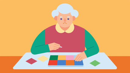 In a memory care facility an elderly person with dementia is engaged in art therapy creating a mosaic using different colored paper. Through this activity they are able to. Vector illustration