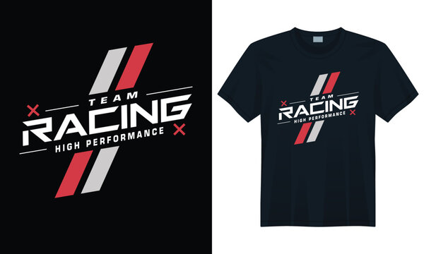 Team racing high performance t-shirt design with modern angled text and sporty red gray stripes